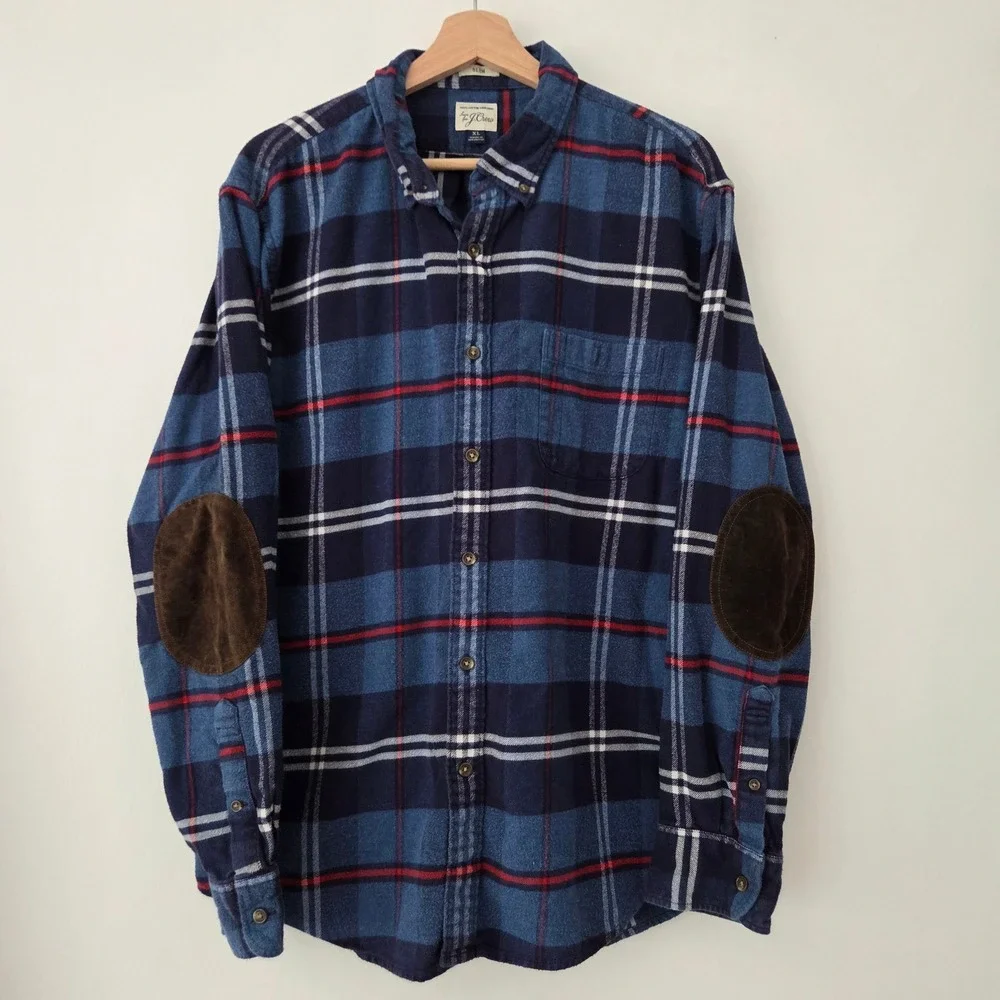 J. Crew Flannel Shirt Blue Plaid Elbow Patches Slim Fit Mens XL